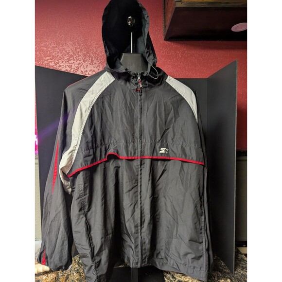 Vintage 90s Starter Jacket Size XL Windbreaker Full Zip Hooded Black Gray Red - Picture 1 of 3